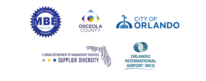 MJ Renovation Group certifications including MBE Minority Business Enterprise, Osceola County, City of Orlando, Florida Supplier Diversity, and Orlando International Airport logos on transparent background
